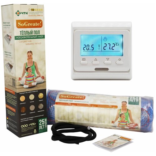 Комплект Теплый пол ЧТК Мат нагревательный SoGreate 160 110 квм 1760 Вт с белым программируемым терморегулятором E51 16614₽