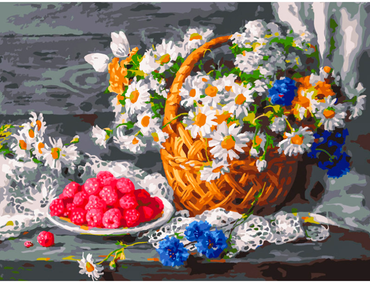 Картина по номерам Белоснежка "Натюрморт с малиной" / Раскраска / Холст на подрамнике 30х40 см. / Цветы / Ромашки