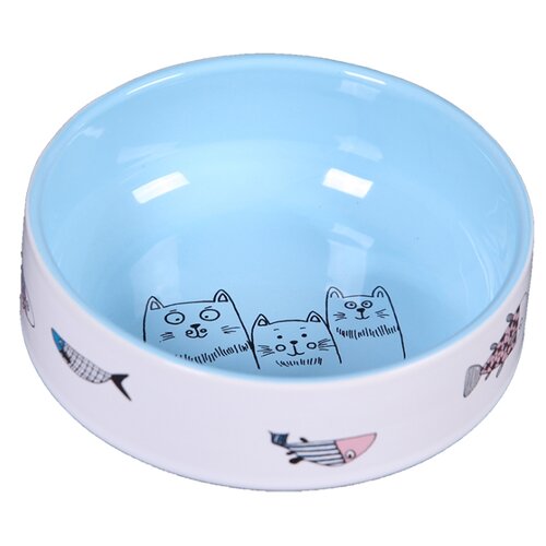 фото Миска 12,5см 380мл joy "коты с рыбками" керамическая голубая для кошек