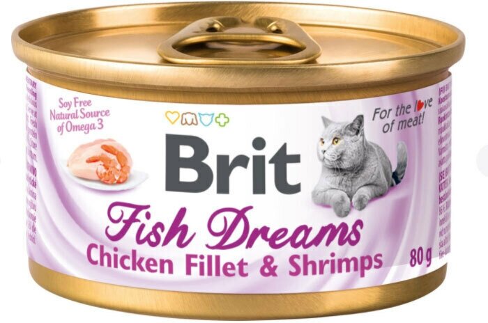 BRIT 80грх12шт Корм кон для кошек Fish dreams chicken&shrimps Куриное филе и креветки - фотография № 3