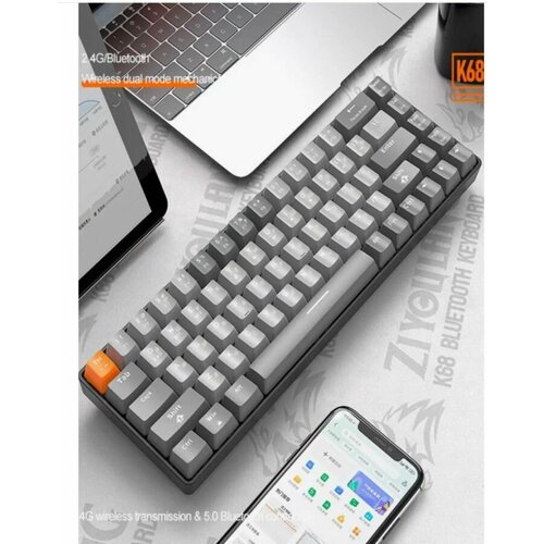 Игровая беспроводная механическая клавиатурам ZiyouLang K68 Bluetooth24GHot Swap русская раскладка Cерый 4500₽