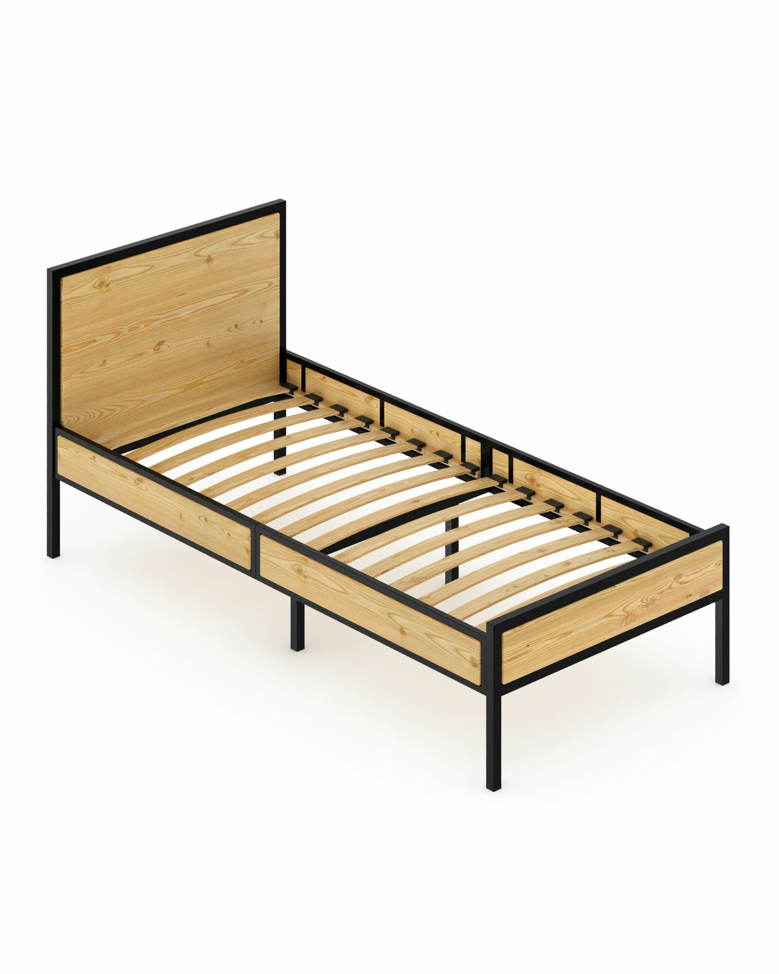 фото Кровать односпальная Лофт с ортопедическим основанием, без покраски, с черным металлическим каркасом, 90х200 см