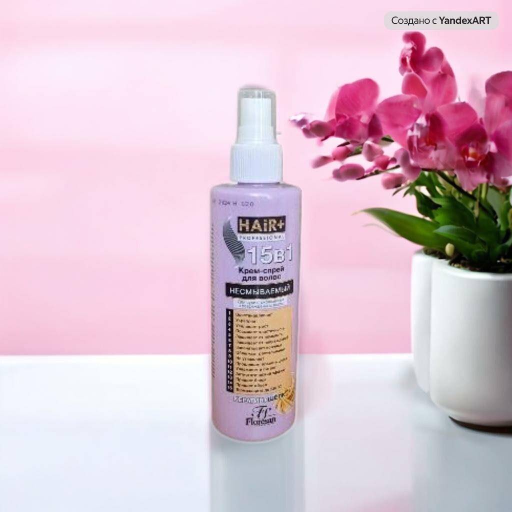 фото Крем-спрей для волос Hair+Professional 15 в 1, Флоресан, для сухих, окрашенных и повреждённых волос, термозащита, несмываемый, 200 мл