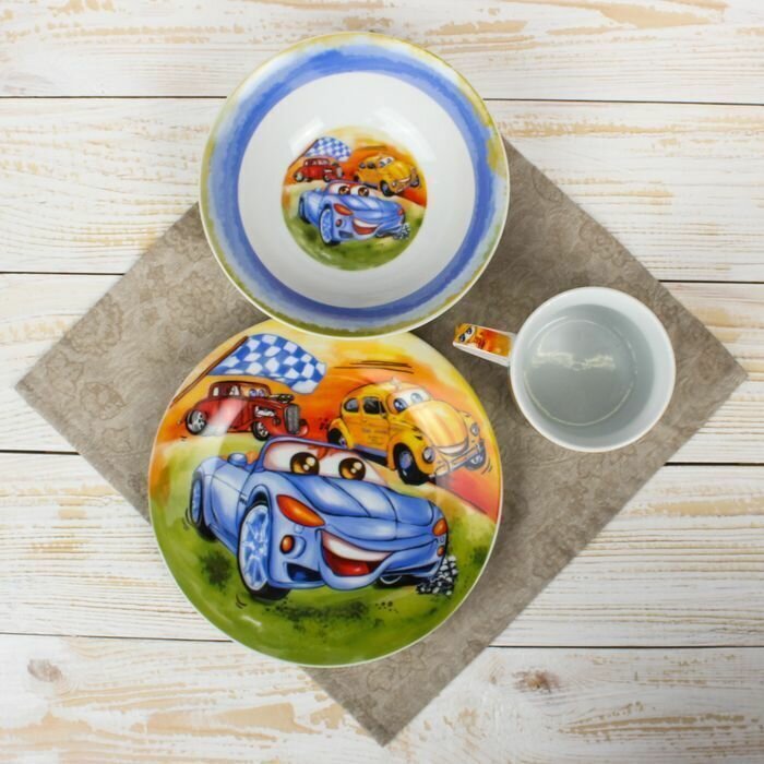 Набор детской посуды, Доляна, Гонки, 3 предмета: кружка 230 мл, миска 400 мл, тарелка 18 см