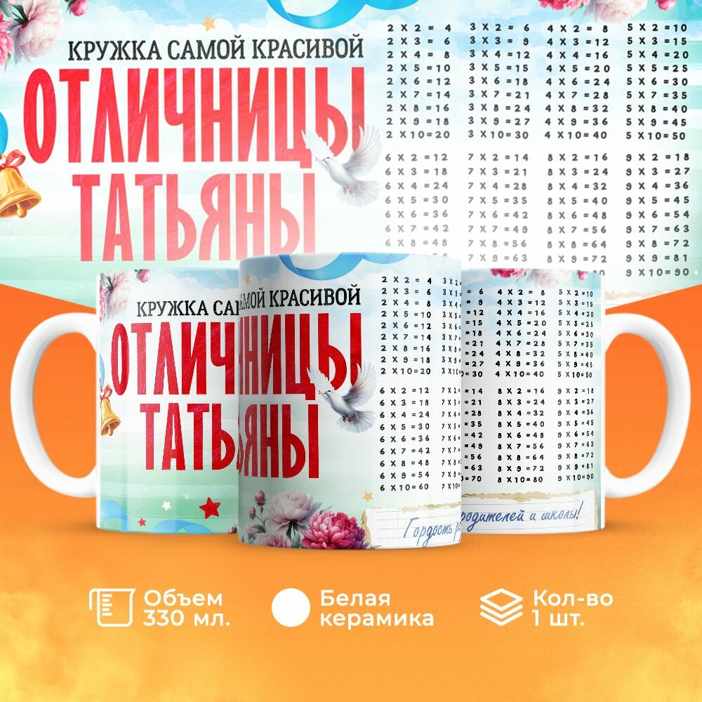 Кружка, "Самой красивой отличницы Татьяны", на день рождения дочки, в подарок для девочки, внучки с таблицей умножения 330 мл