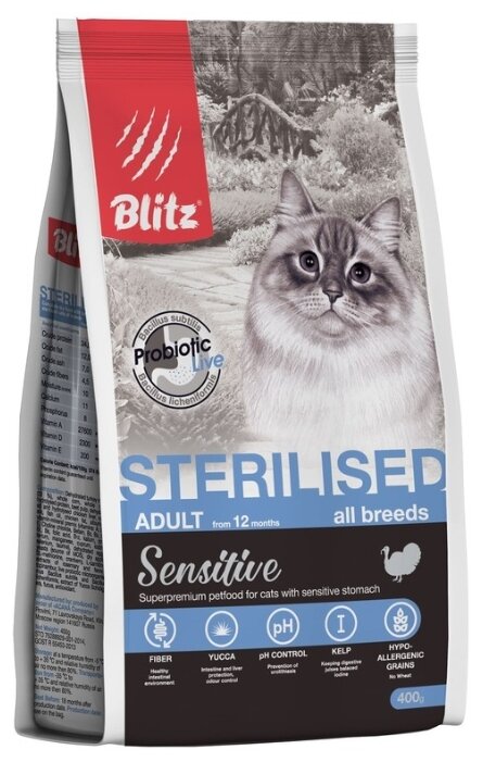 Blitz Sensitive Sterilised Cats сухой корм для стерилизованных кошек, с индейкой - 2 кг