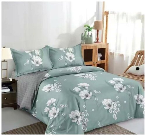 Комплект постельного белья для детей и взрослых Aimee 2,0 спальный, сатин, зеленый, белый, серый