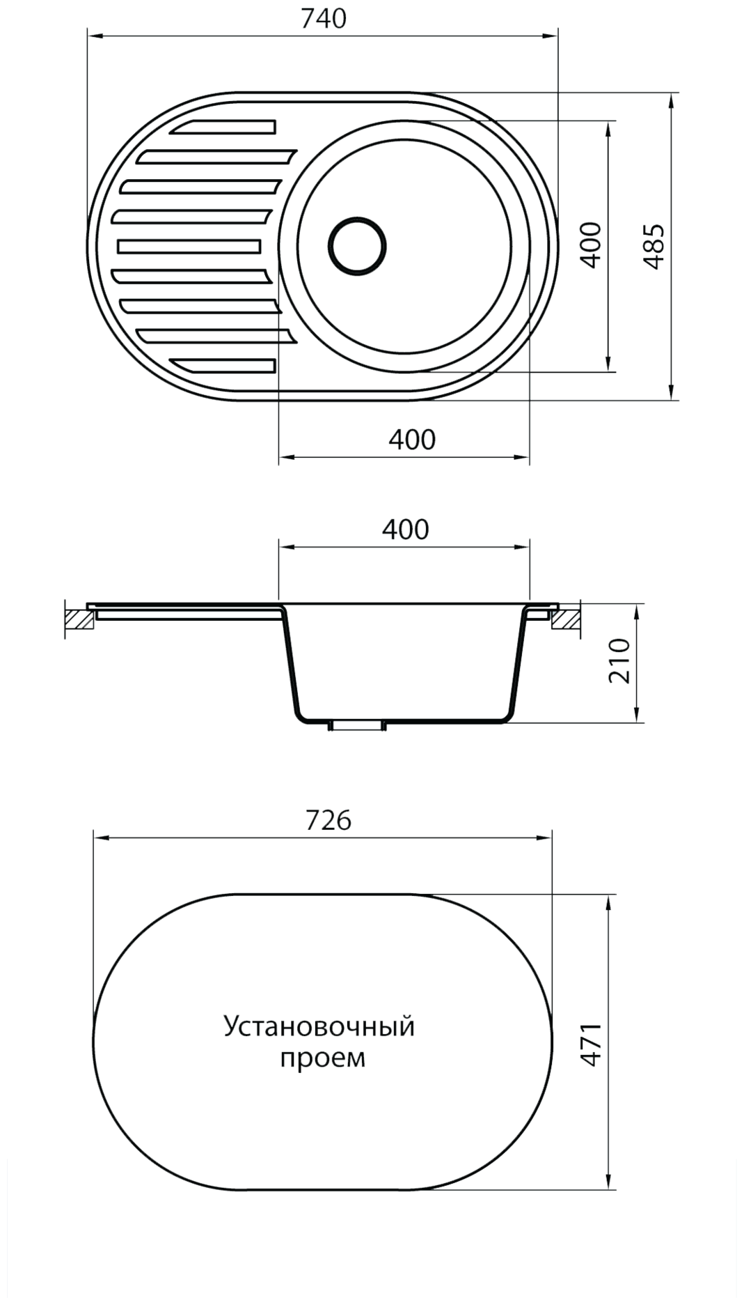 Мойка GRANICOM G-006 (740*485мм), 1 чаша+ крыло (антрацит) - фотография № 2