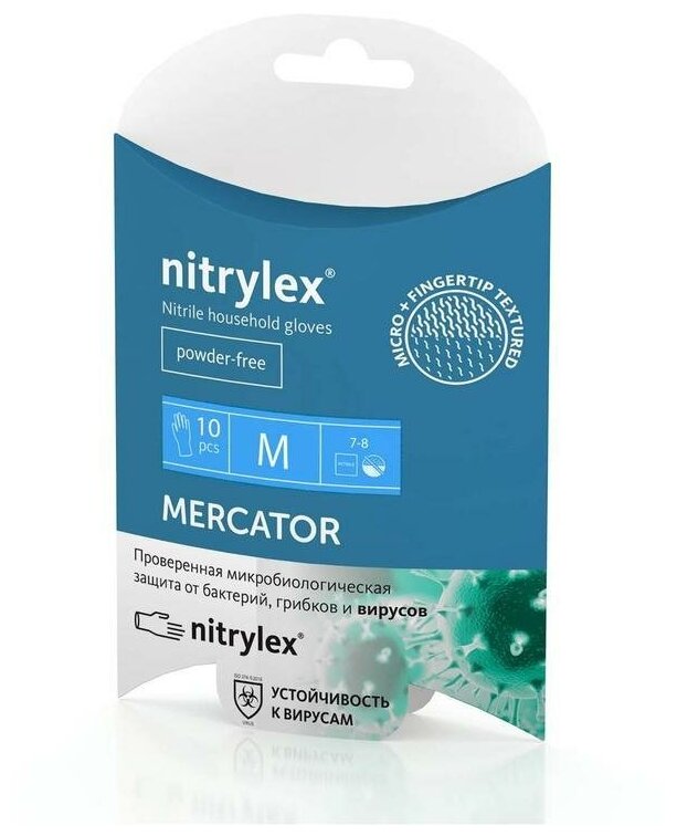 Перчатки одноразовые нитриловые Mercator Nitrylex, неопудренные, размер М, голубые, 5 пар в упаковке (403-732)