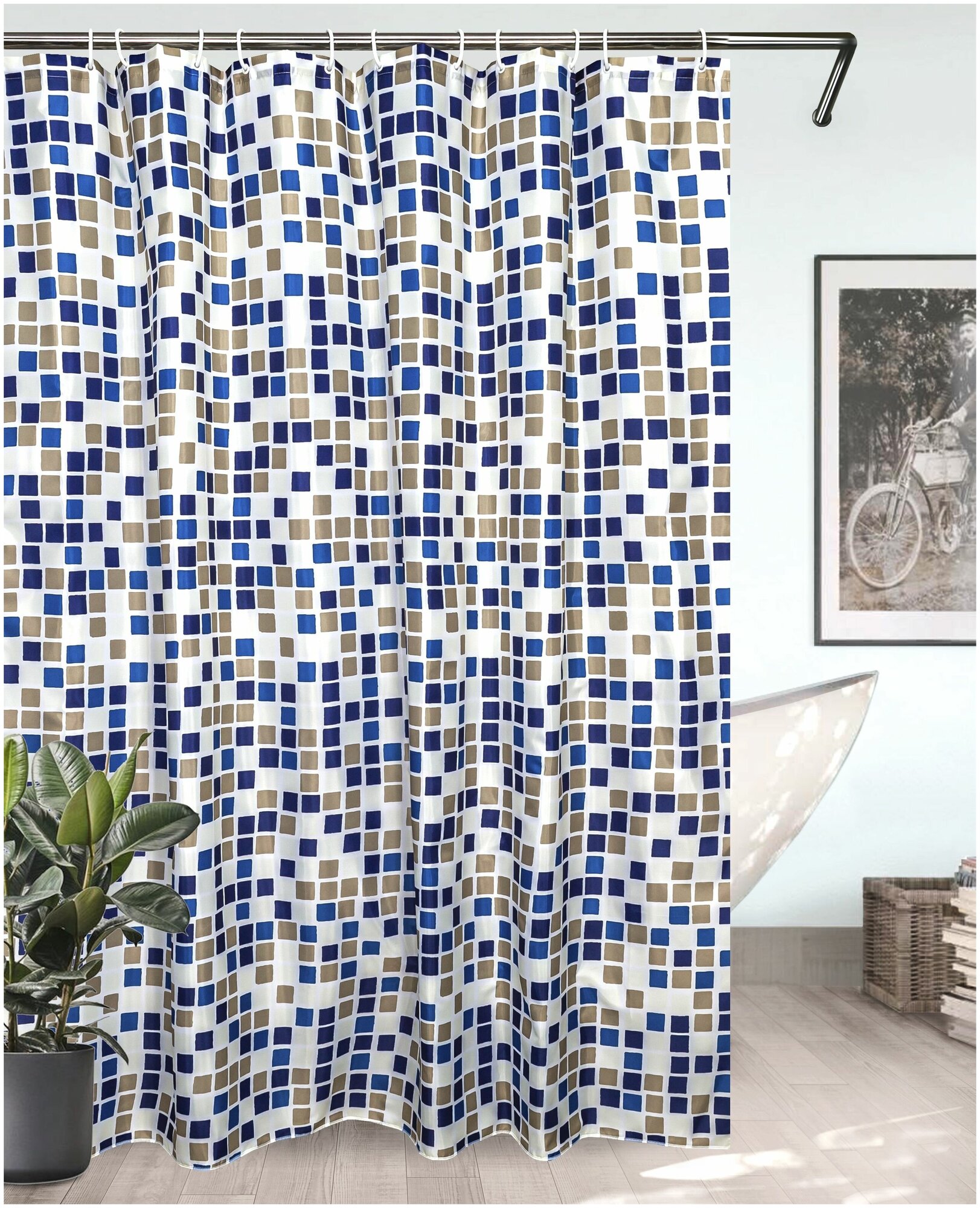 фото Штора для ванной BATH PLUS 180*180 тканевая MOSAIC бежевый синий