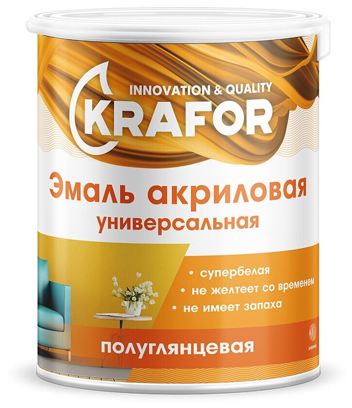 Эмаль универсальная Krafor, акриловая, полуглянцевая, 3 кг, супербелая