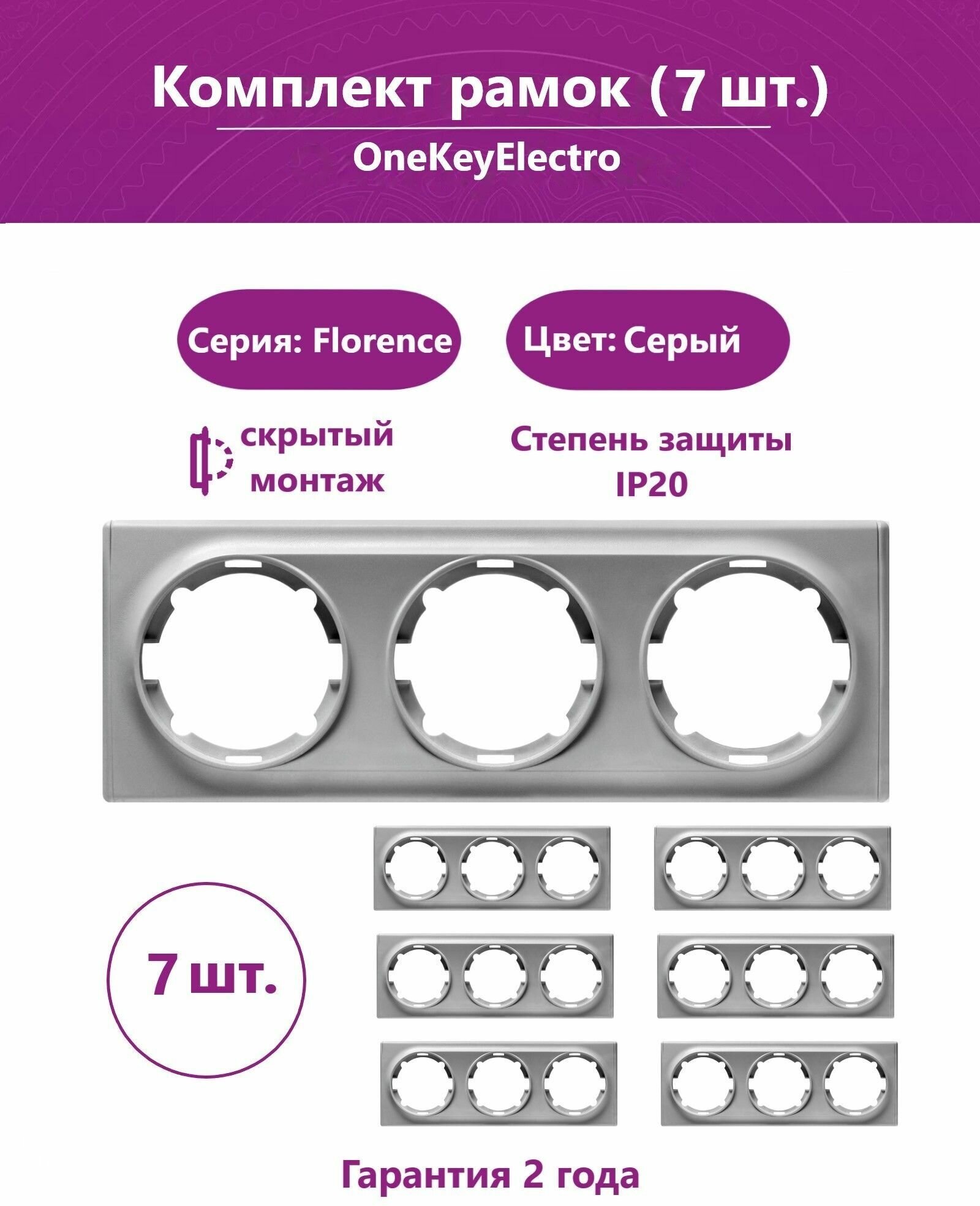 Комплект. Рамка OneKeyElectro тройная, цвет серый (7шт.).