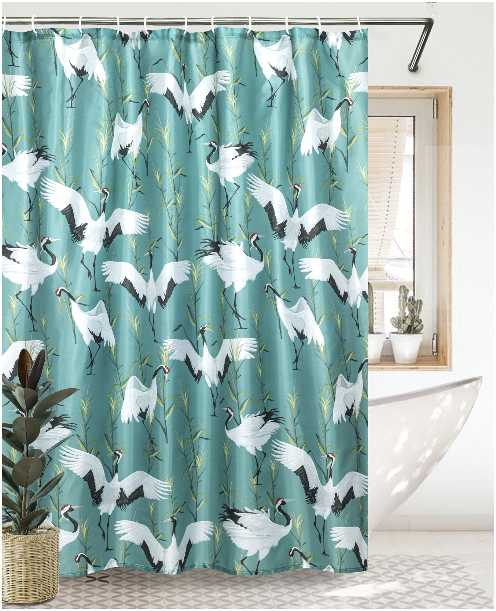 Штора занавеска для ванной BATH PLUS 180*180 тканевая CRANES журавль с кольцами
