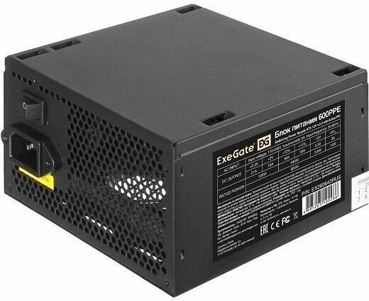 Блок питания 600W ExeGate 600PPE (ATX, APFC, КПД 80% (80 PLUS), 12cm fan, 24pin, 2x(4+4)pin, 2xPCI-E, 5xSATA, 3xIDE, black) EX260643RUS