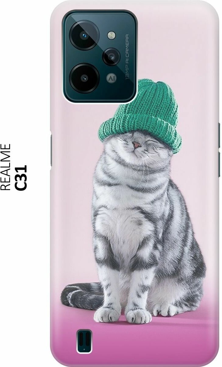 Силиконовый чехол на realme C31, Рилми С31 с принтом "Кот в зеленой шапке"