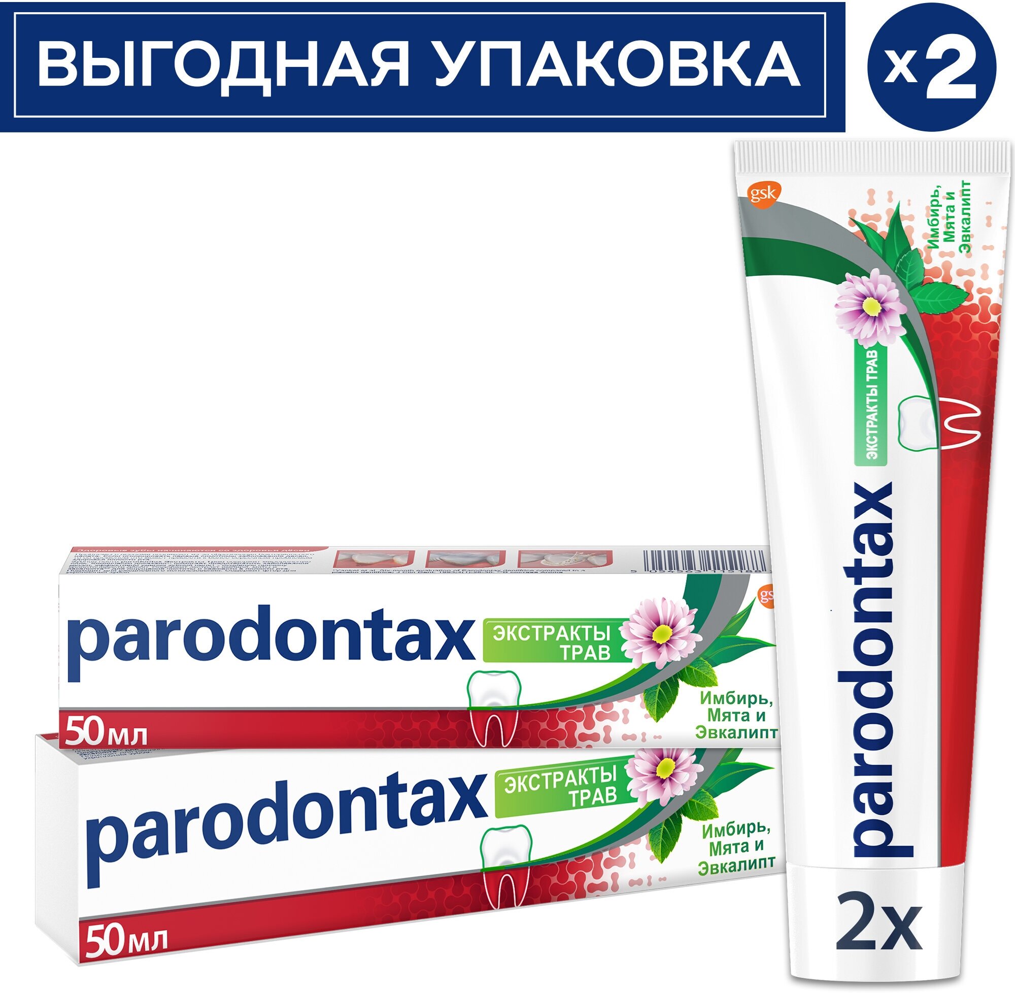 Зубная паста parodontax Экстракты Трав от кровоточивости десен для удаления зубного налета с фтором, экстрактом имбиря, мяты, эвкалипта, 50мл*2шт