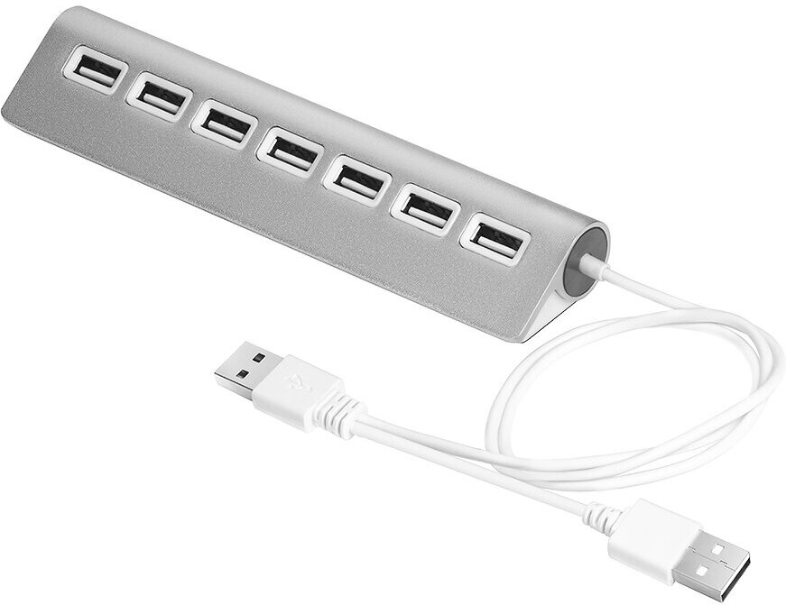 USB Hub 2.0 на 7 портов, Plug&Play, silver + дополнительное питание