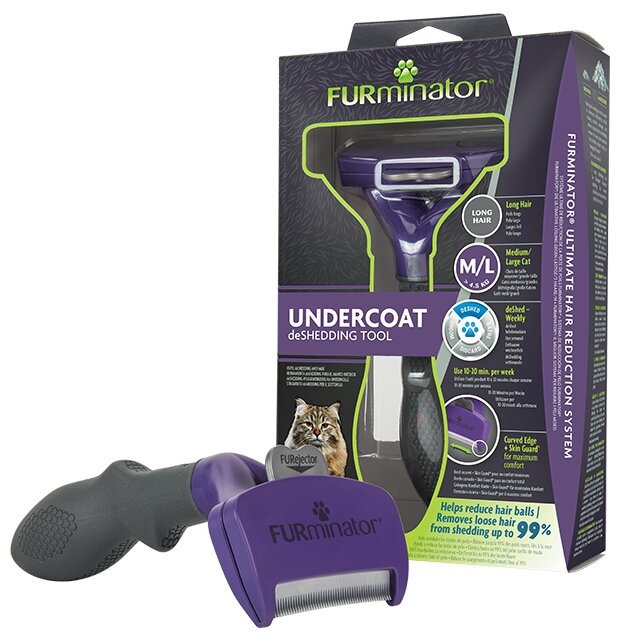 Щетка-триммер FURminator M/L для больших кошек c длинной шерстью, фиолетовый/черный - фотография № 3