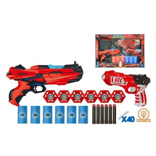 фото Бластер красно-черный 2шт с аксессуарами и 40 мягкими пулями, со световыми эффектами, в коробке junfa toys