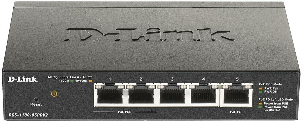 Коммутатор D-Link DGS-1100-05PDV2 5G 2PoE настраиваемый