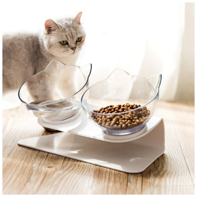 Миска двойная для кошек и собак, цвет: прозрачный/миска для животных кошек и собак/пластиковые миски на подставке/двойная миска для животных