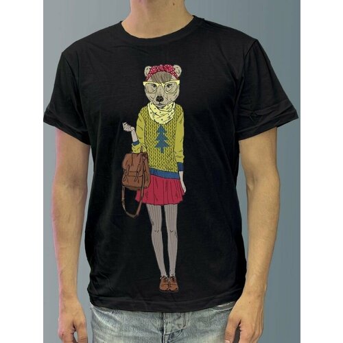 фото Футболка мужская черная из хлопка с dtf рисунком животные хипстеры - 3696 будь на стиле