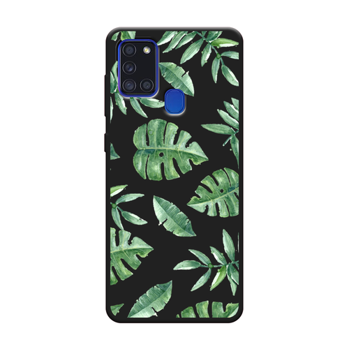 Матовый силиконовый чехол на Samsung Galaxy A21s / Самсунг Галакси A21s Нарисованные пальмовые листья, черный