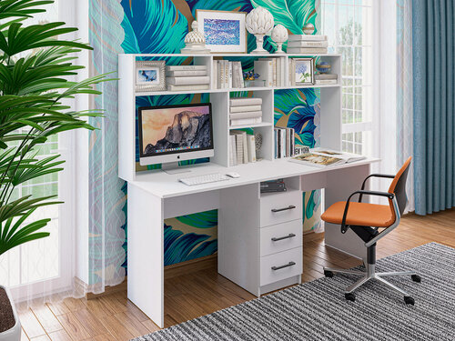 Изображение товара Стол компьютерный МК"Пирамида" СК-58 с надстройкой, двухместный, 3 ящика, цвет белый, 150х1740х60 см