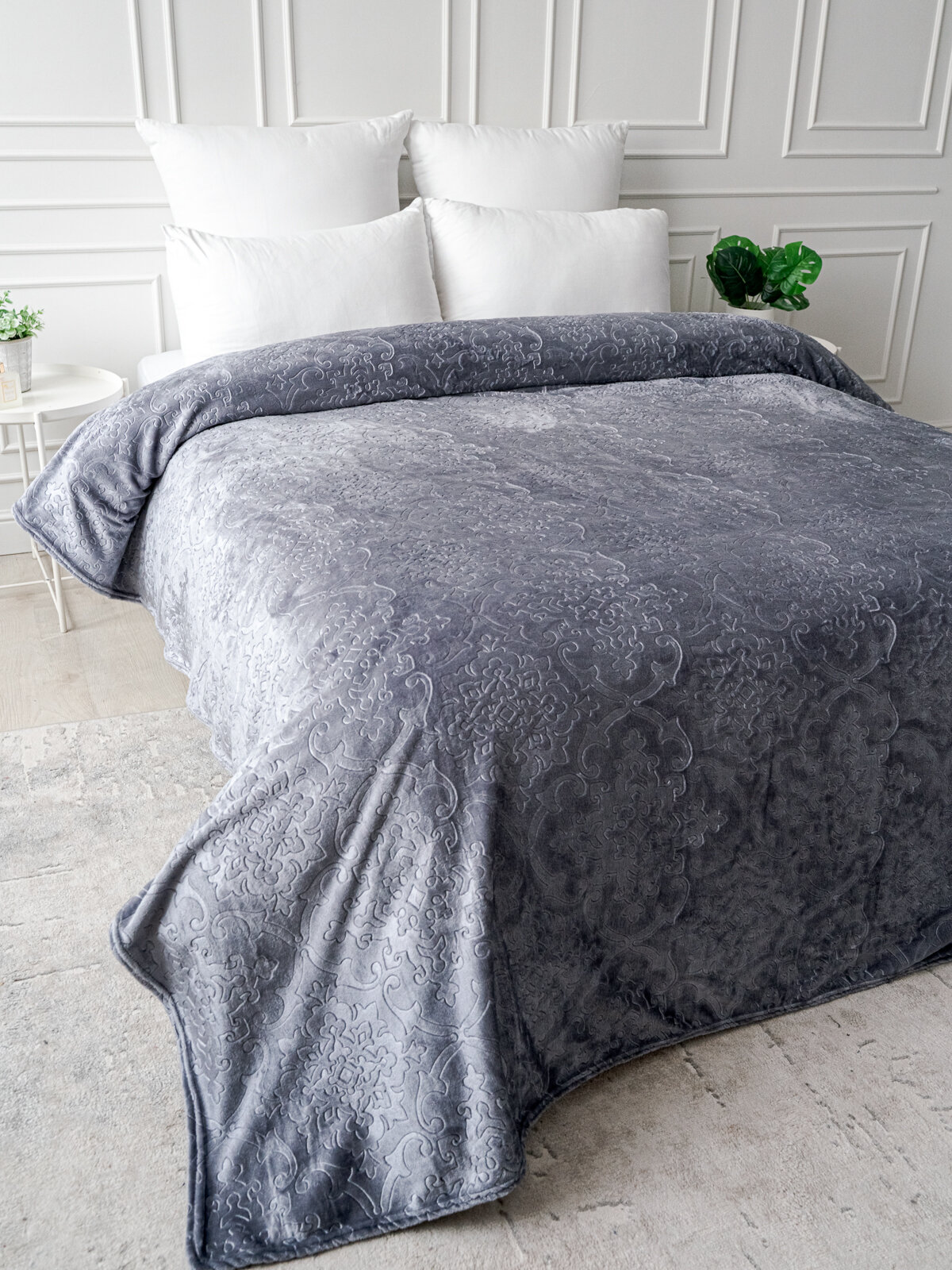 Плед 150х200 Павлина SKANDI Тиснение серый однотонный на диван — фото 1