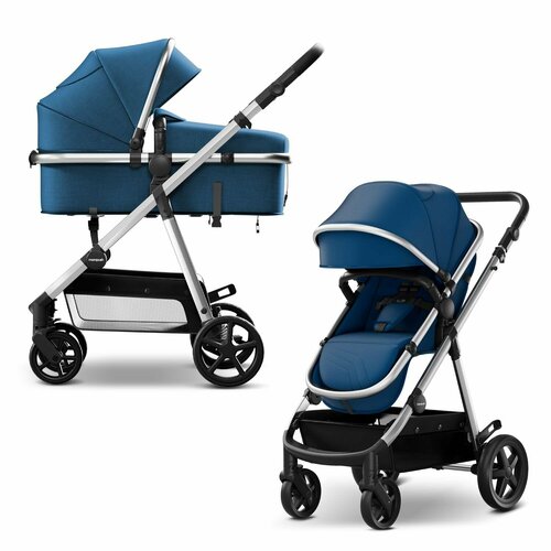 Коляска для новорожденных прогулочная 2 в 1 трансформер Mompush Meteor синий, до 22 кг, дождевик в комплекте