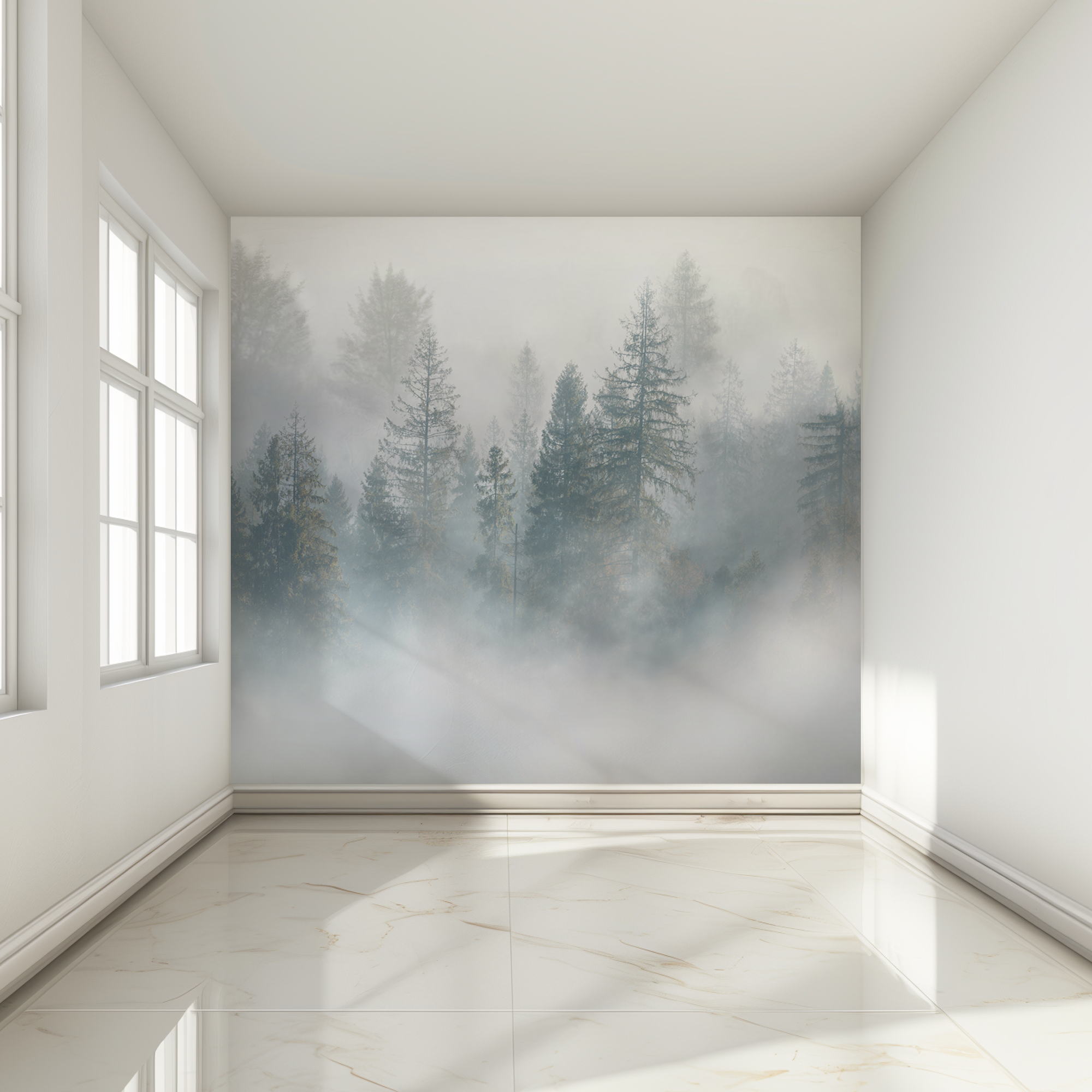 Фотообои 3д на стену "Туман в лесу" флизелиновые 300х270 см на кухню спальню зал