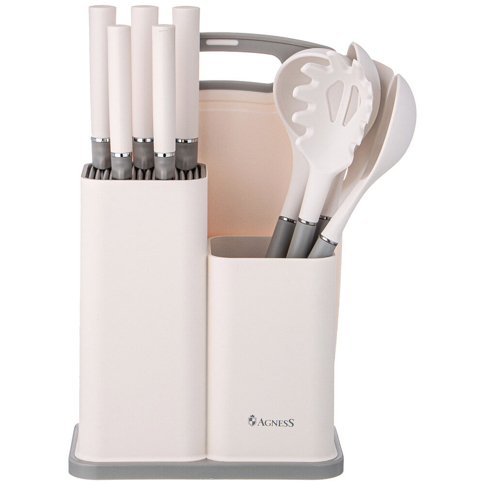 Набор 671-213 agness из 12 пр: 5 ножей, доска, подставка, половник, ложка, лопатка, шумовка, ложка для спагетти