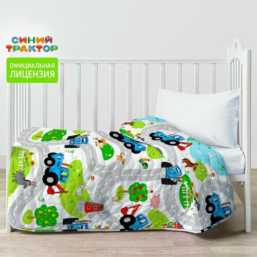 Покрывало на кровать 1,5 спальное 90х140 Непоседа, хлопок Синий трактор / по полям