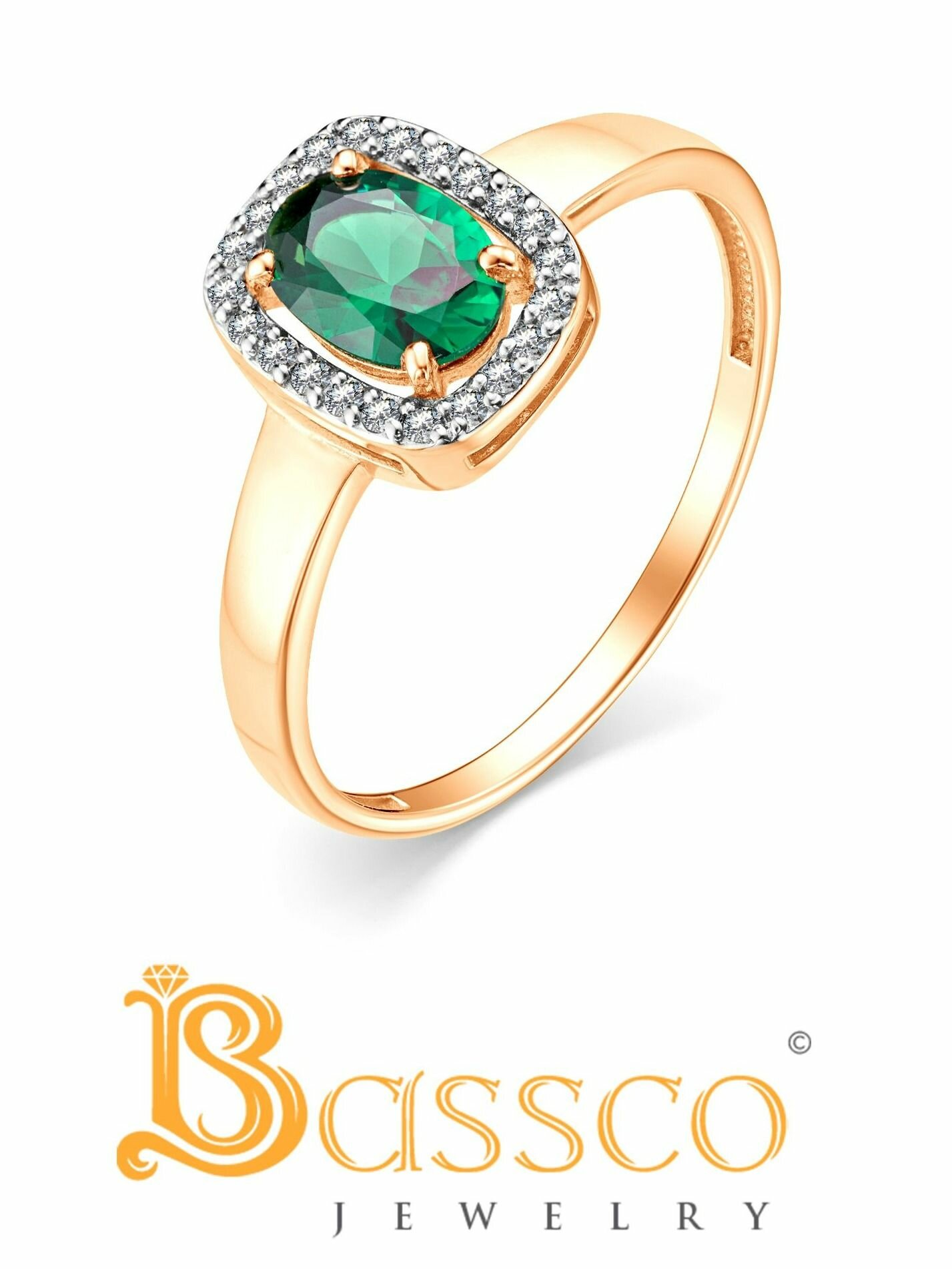 Кольцо тонкое Bassco, серебро, 925 проба, золочение, изумруд, фианит, размер 19, ширина 2 мм, зелeный — фото 1