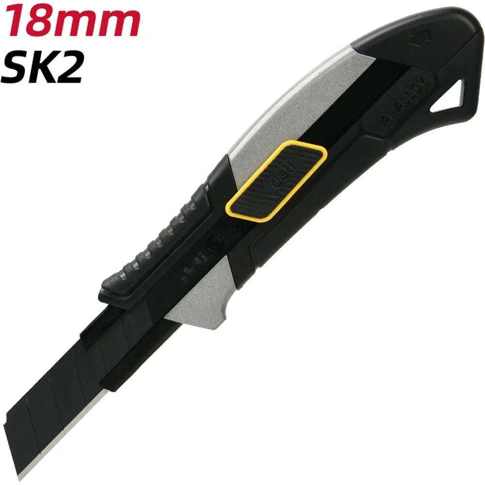 DELI Технический нож 18мм DL4256 (сталь SK2, корпус из алюминиевого сплава, прорезиненная рукоятка, автоблокировка) 168404