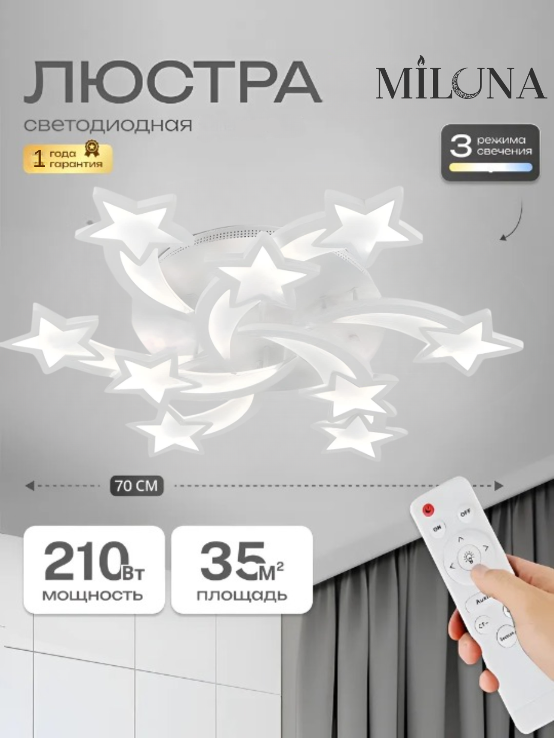 Лед люстра потолочная, с пультом, 3 режима освещения, для спальни, детской, гостиной, кухни, Ледяной