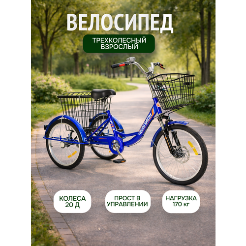 Трехколесный велосипед взрослый синий РВЗ Чемпион 20, с корзиной