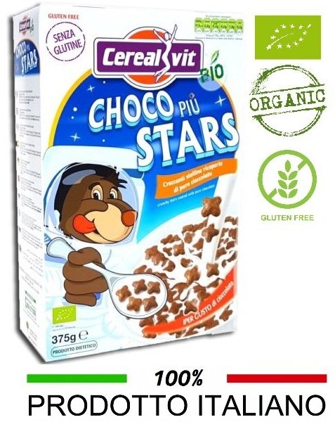 Хрустящие звездочки Cerealvit "БИО Чоко Пью" с черным шоколадом БИО, Без глютена, Италия 6 шт Х 375 г - фотография № 2