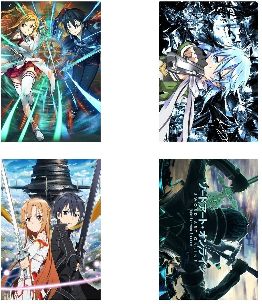 Плакат 4 шт набор А4 аниме Мастера меча онлайн / Кирито / Асуна / Синон постер №1