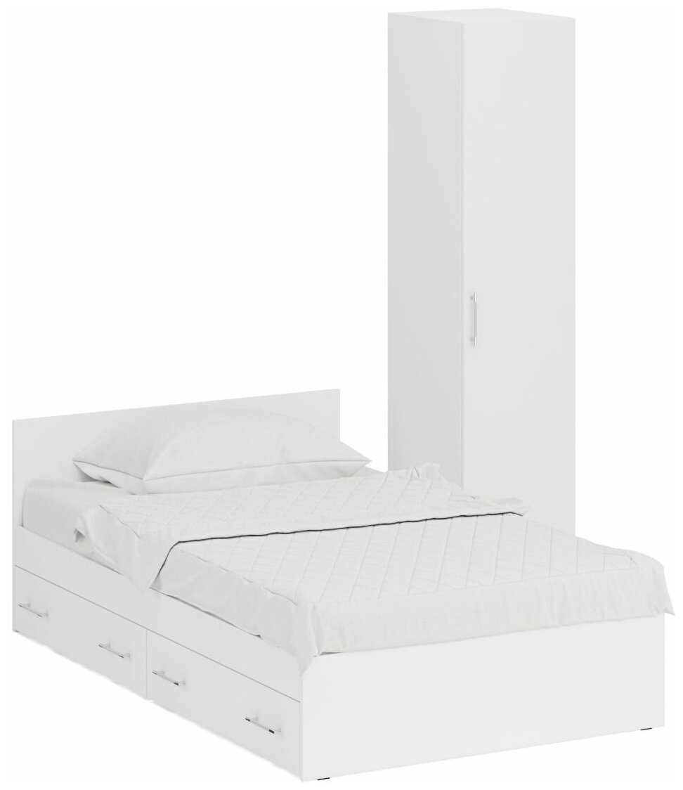 Кровать белая односпальная с ящиками 1200 с пеналом Стандарт, цвет белый, спальное место 1200х2000 мм, без матраса, основание есть