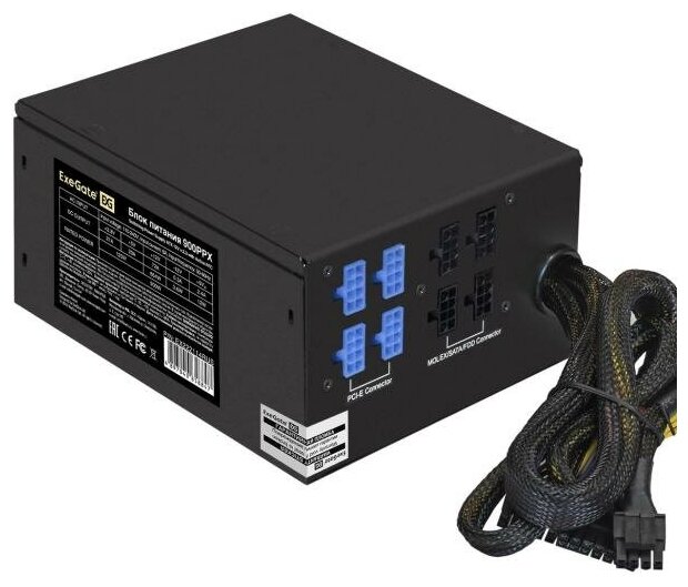 Exegate Блок питания 900W ExeGate 900PPX (ATX, APFC, SC, КПД 82% (80 PLUS), 14cm fan, 24pin, 2x(4+4)pin, PCIe, 5xSATA, 4xIDE, Cable Management, кабель