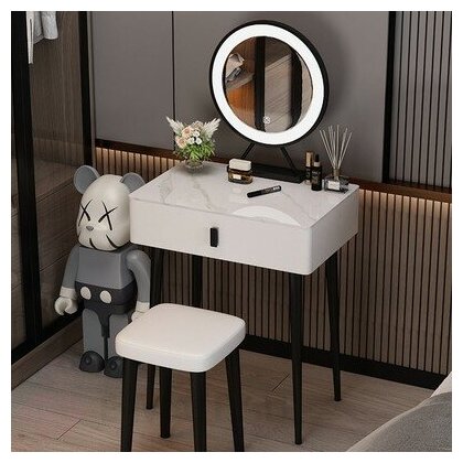 Компактный туалетный столик 60 см обитый кожей с табуретом и зеркалом с подсветкой (белый столик - без табурета и зеркала)