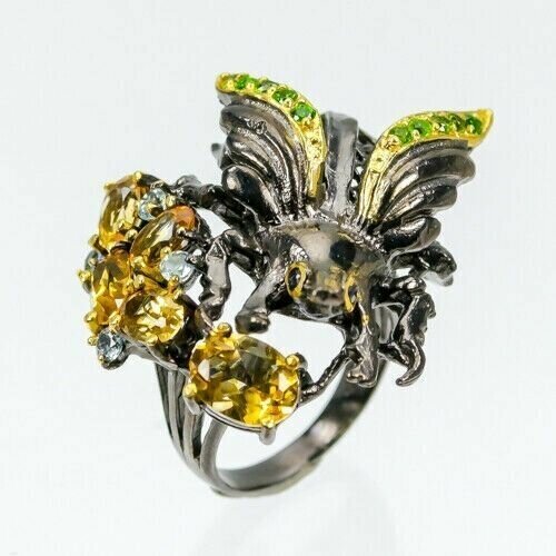 Кольцо помолвочное, серебро, 925 проба, чернение, цитрин, размер 16, золотой, черный