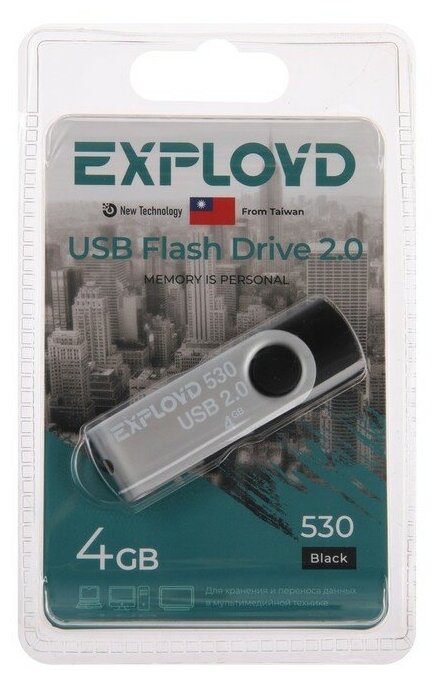 Флешка Exployd 530, 4 Гб, USB2.0, чт до 70 Мб/с, зап до 20 Мб/с, черная