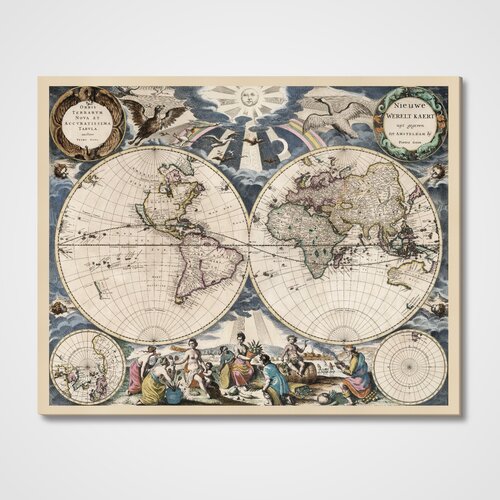 Карта мира cтаринная 1667 г, на холсте, 63х50 см