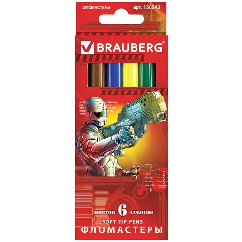 фото Фломастеры brauberg star patrol, 6 цветов, вентилируемый колпачок, картонная упаковка, увеличенный срок службы, 150543, (12 шт.)
