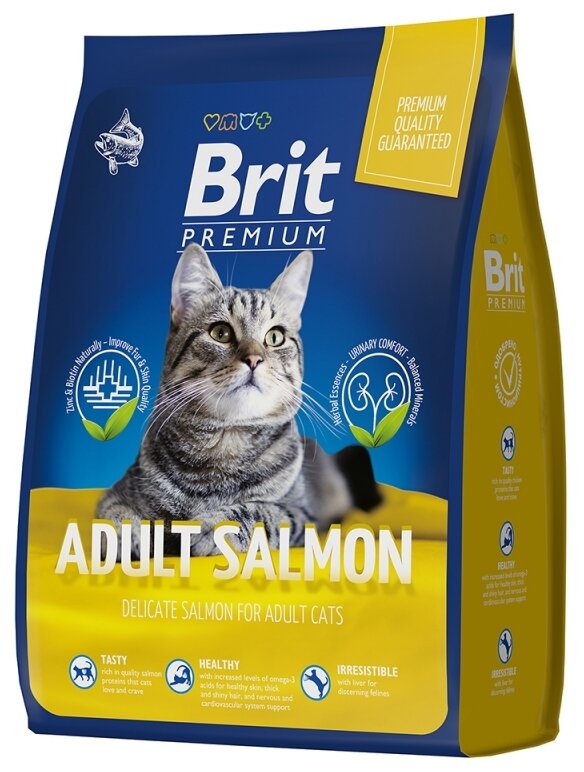 Сухой корм премиум класса Brit Premium Cat Adult Salmon с лососем для взрослых кошек. 2 кг