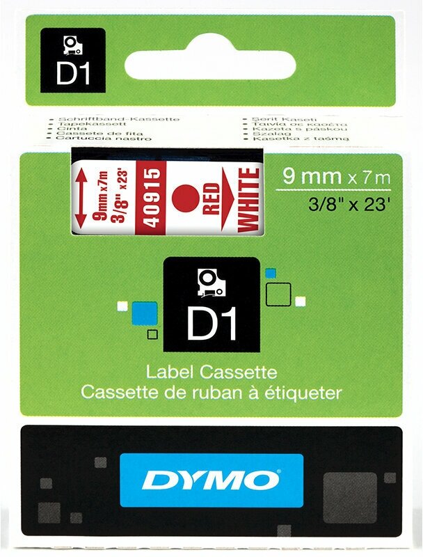 Картридж Dymo, с виниловой лентой, пластик, красный шрифт, 9 мм х 7 м Белый