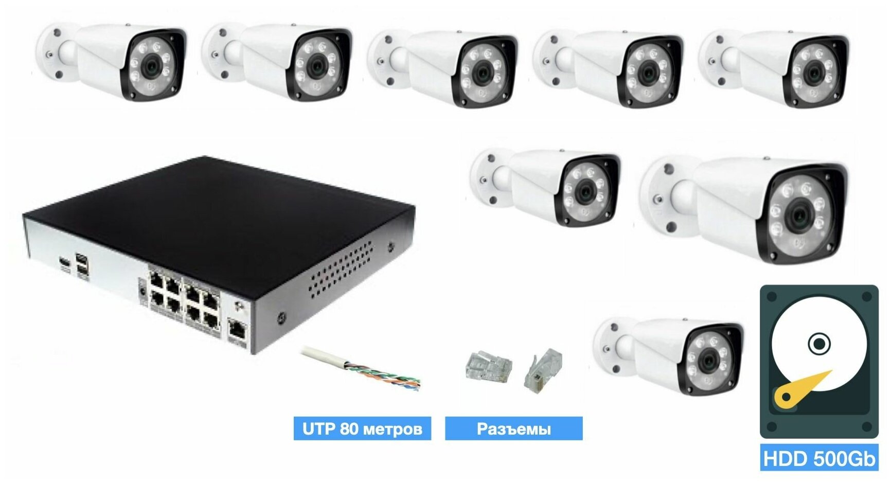 Полный IP POE комплект видеонаблюдения на 8 камер (KIT8IPPOE20MB3_HDD500GB_UTP-2)