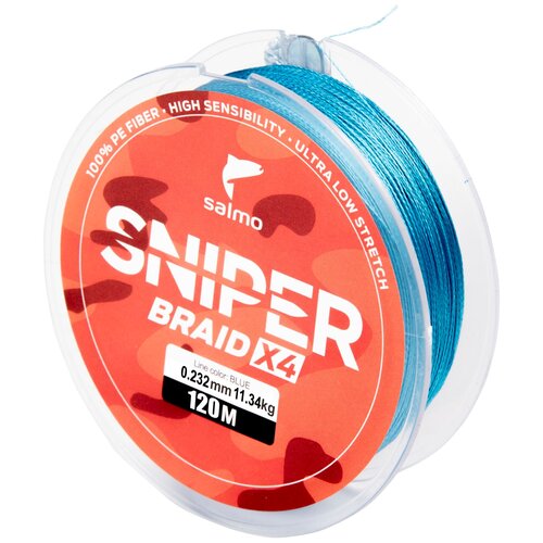 Плетеный шнур Salmo Sniper Braid 4X d=0.232 мм, 120 м, 11.34 кг, blue, 1 шт. beal шнур альп accessory cords 120 4 мм pink